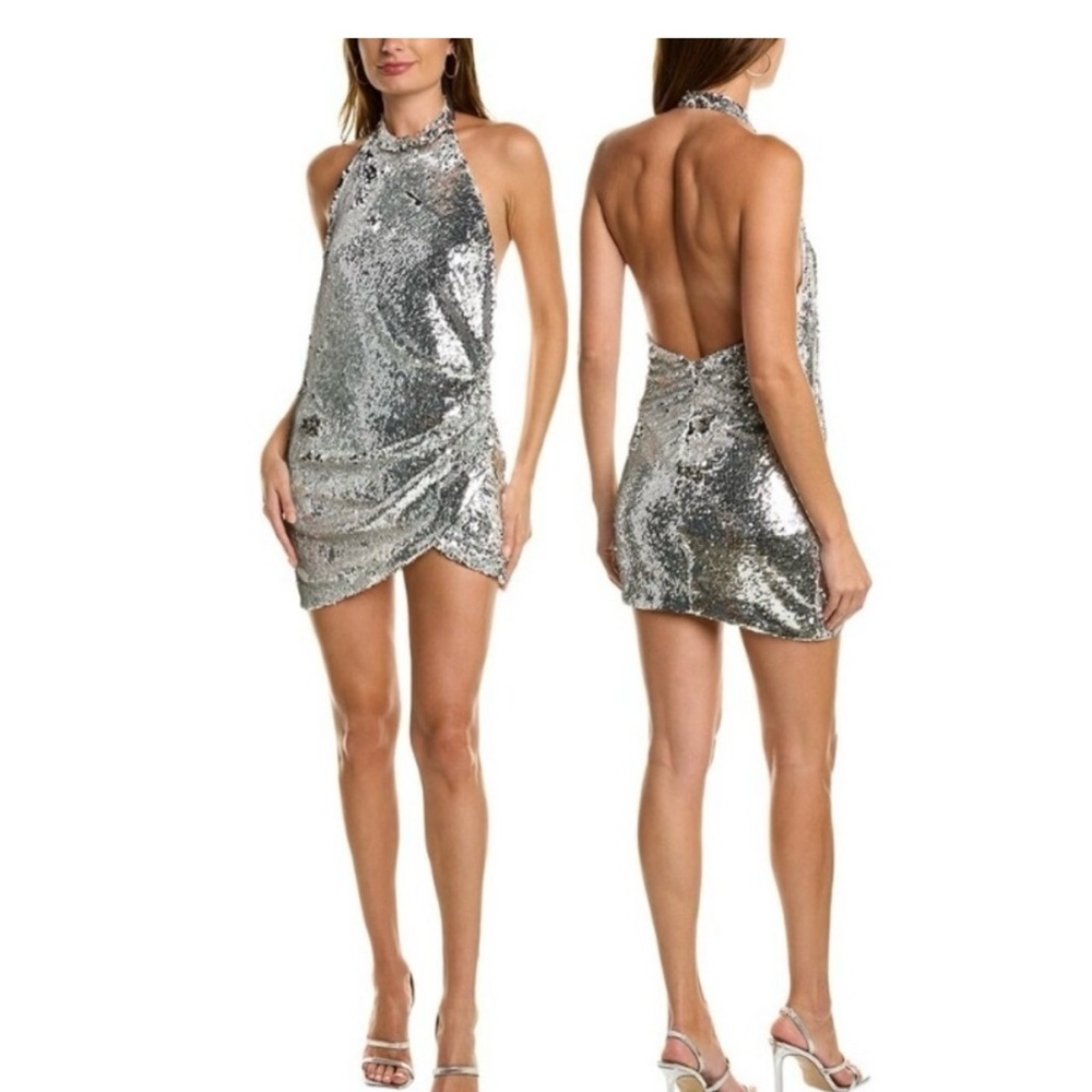 Torn by Ronny Kobo Silver Sequin Backless Halter Mini Dress